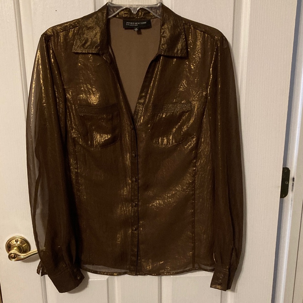 Jones New York Metallic Sheer Brown Button-Front Blouse
